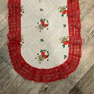 Vintage Christmas Lace Table runner Poinsettia Gold bows Handmade table decor